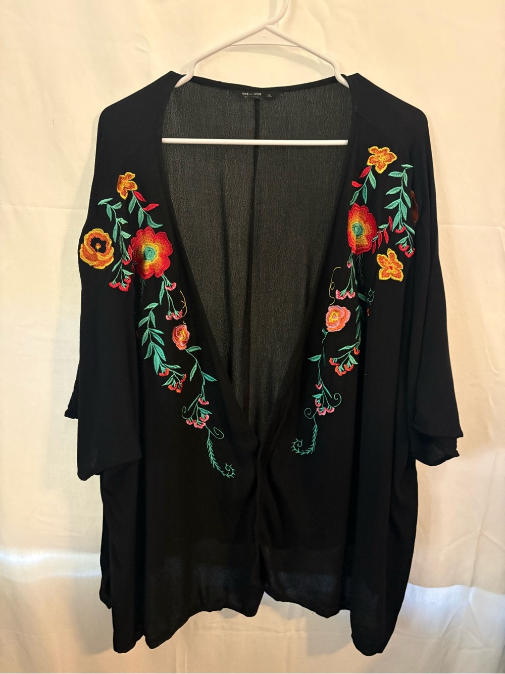 Black Floral Embroidered Open-Front Women's Sweater